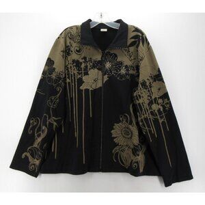 Jess & Jane Jacket 2X Plus Brown Rhinestone Studs Floral Artsy USA*